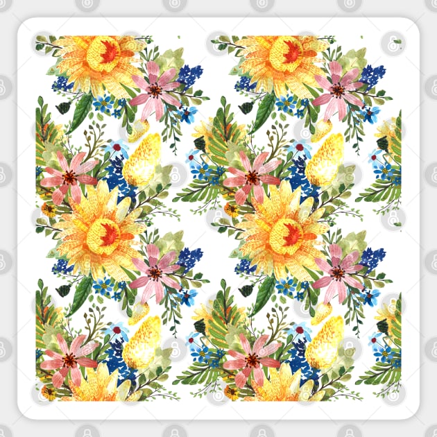 Flowers of Yellow, Blue and Pink Sticker by This and That Designs